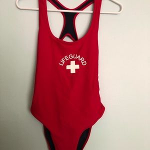 One piece lifeguard swimsuit.